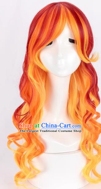 Ladies Gradient Long Curly Hair Red Gradient Orange Long Hair European And American Cosplay Nightclub Full Wig