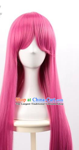 Rose Red 80CM Long Straight Hair With Oblique Bangs And High Temperature Silk Women Nightclub Fake Hair Cosplay Wig