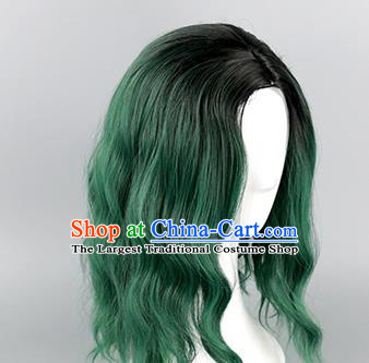 Black Gradient Dark Green Slightly Curly Face Shaping Short Hair Cosplay Wig
