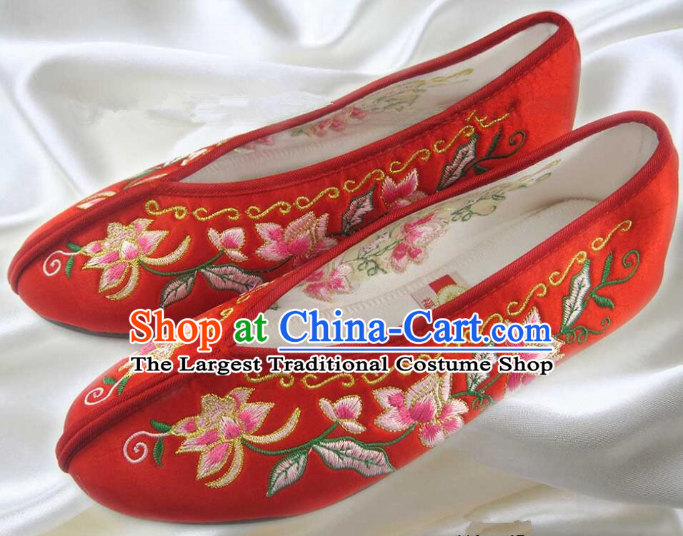 China Bride Embroidered Shoes National Shoes Traditional Wedding Red Satin Shoes