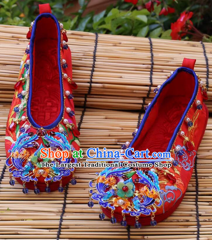 Handmade Red Satin Shoes Traditional Embroidered Phoenix Peony Shoes Top Wedding Shoes