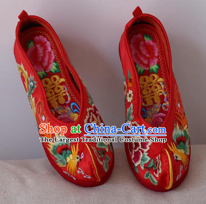 Traditional Embroidered Phoenix Peony Shoes Top Wedding Shoes Handmade Red Satin Shoes