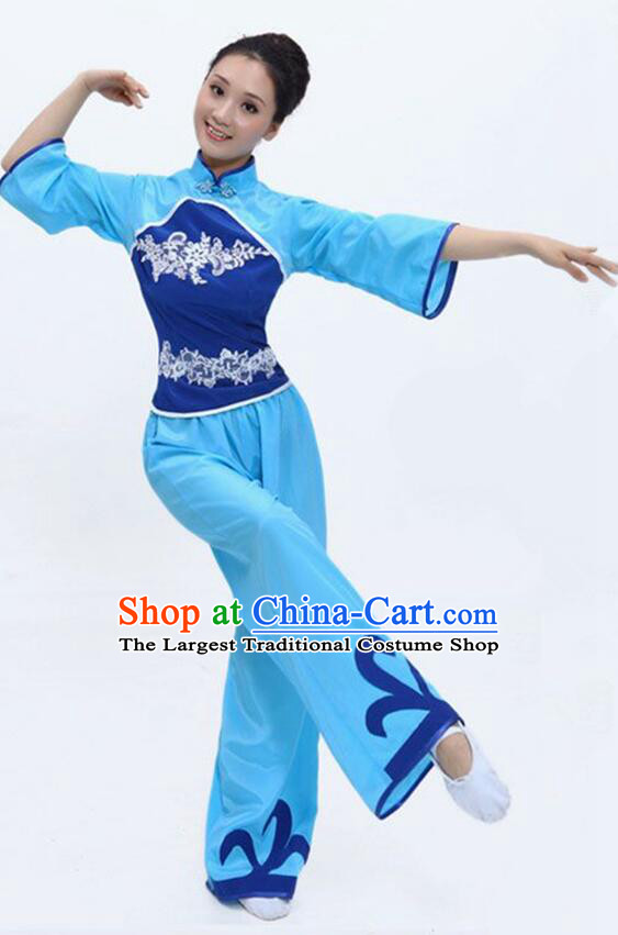 China Folk Dance Blue Outfit Yangko Dance Picking Tea Girl Clothing Hakka Style Performance Costume