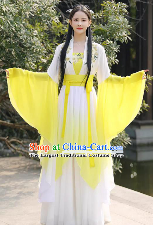 Female Hanfu Yellow Wide Sleeve Flow Fairy Sress China Jin Dynasty Costume Ancient Goddess Clothing