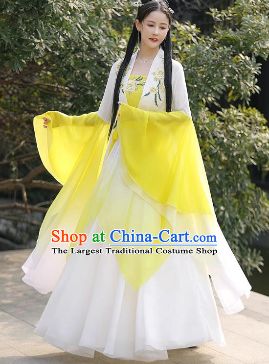 Female Hanfu Yellow Wide Sleeve Flow Fairy Sress China Jin Dynasty Costume Ancient Goddess Clothing