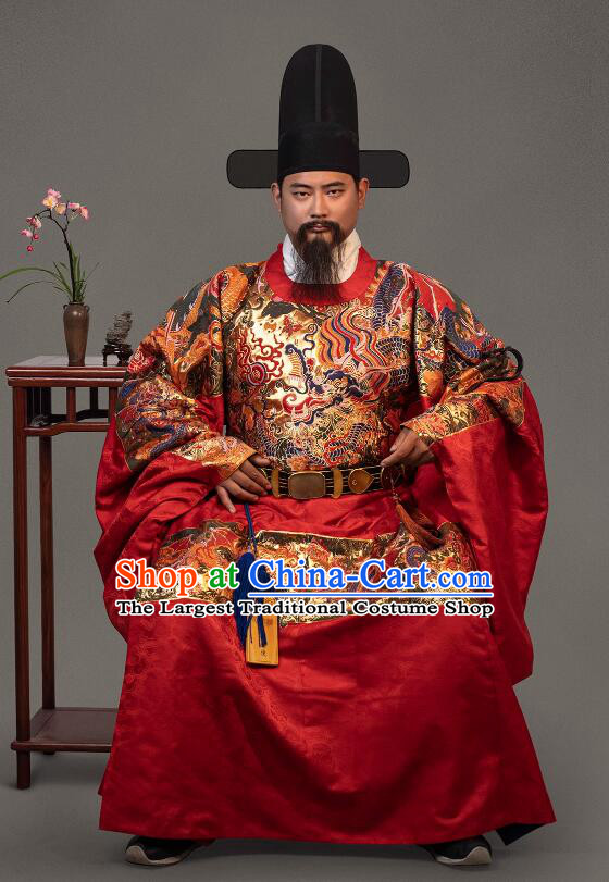 China Ancient Official Clothing Male Hanfu Red Brocade Robe Ming Dynasty Prime Minister Costume