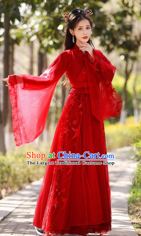 China Classical Jing Hong Dance Red Dress Ancient Fairy Hanfu Han Dynasty Bride Costume