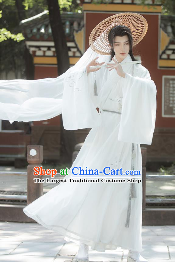 China Ming Dynasty Swordsman Clothing Ancient Young Childe Costumes Traditional Hanfu White Outfit