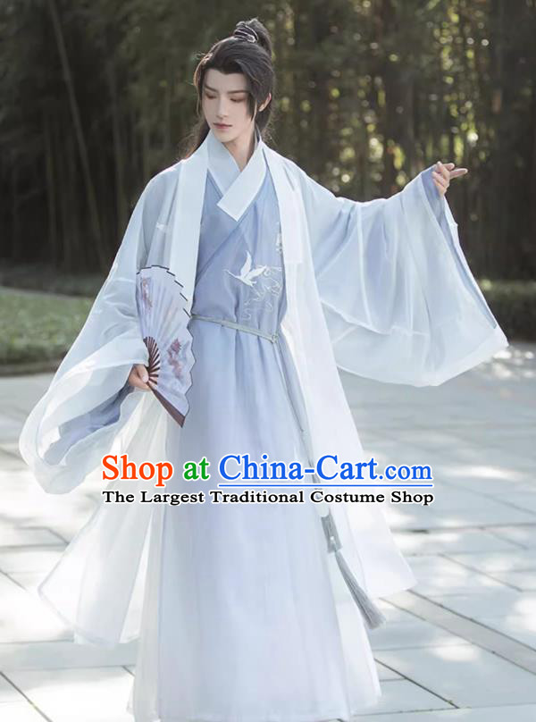 China Traditional Hanfu Blue Outfit Ming Dynasty Swordsman Clothing Ancient Young Scholar Costumes