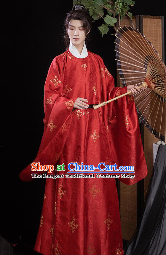 China Traditional Wedding Hanfu Red Brocade Robe Ming Dynasty Noble Childe Clothing Ancient Scholar Costumes