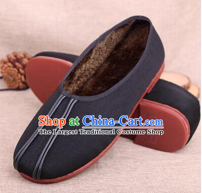 China Winter Insulated Shoes Old Beijing Cloth Shoes Handmade Male Shoes Black Kung Fu Shoes