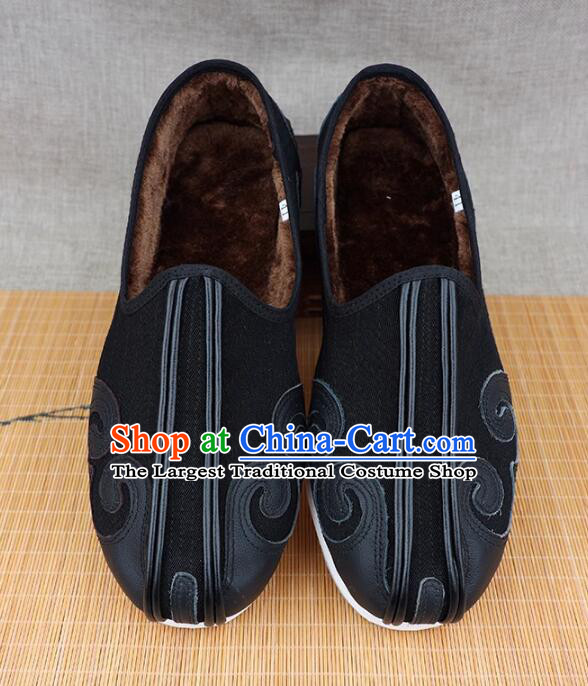 China Black Cloud Pattern Kung Fu Shoes Winter Insulated Shoes Old Beijing Cloth Shoes Handmade Male Shoes