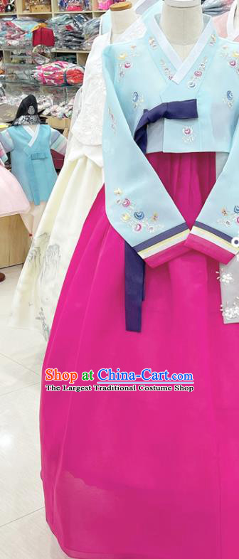 Korean Embroidered Light Blue Blouse and Magenta  Dress Traditional Hanbok Wedding Costumes Complete Set