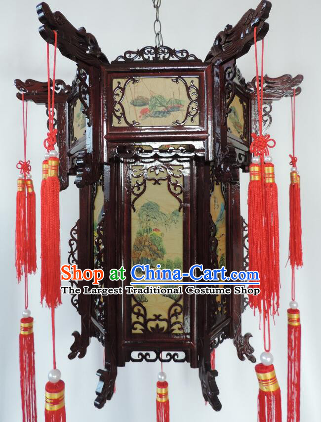 Top Handmade Palace Lantern Chinese Wood Carving Lantern Landscape Painting Lamp