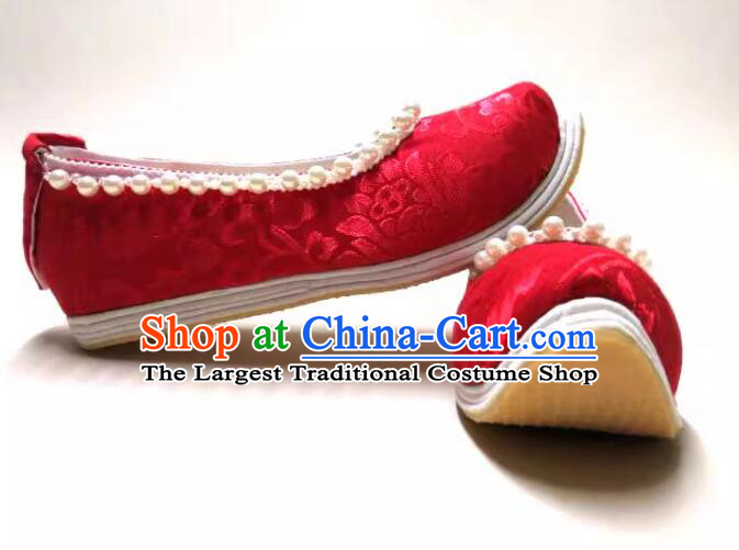 China Song Dynasty Pearls Shoes Ancient Princess Shoes Handmade Hanfu Red Brocade Shoes