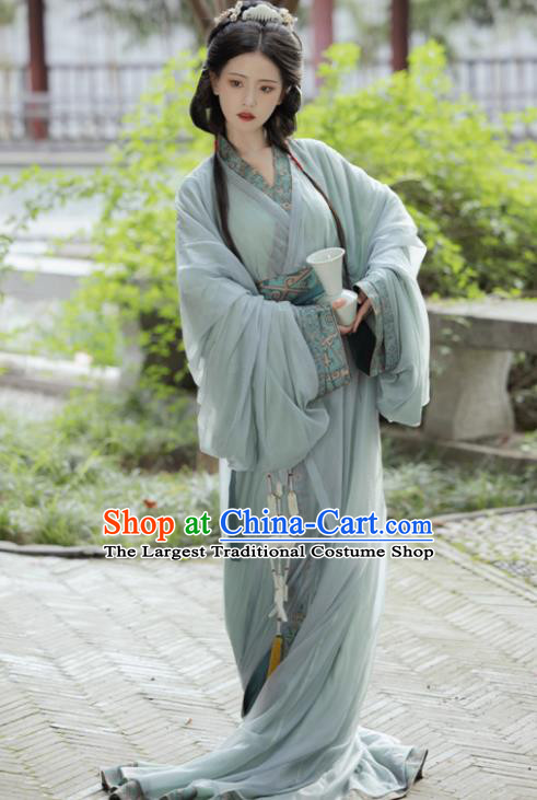 Traditional Hanfu Green Straight Front Robe China Ancient Court Woman Clothing the Warring States Time Noble Lady Costumes
