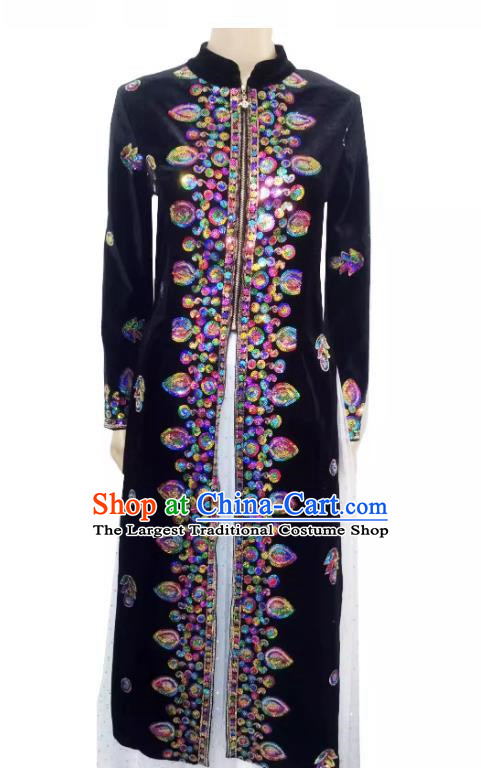 Black Chinese Xinjiang Dance Costumes Gold Velvet Embroidered Sequins Long Vest