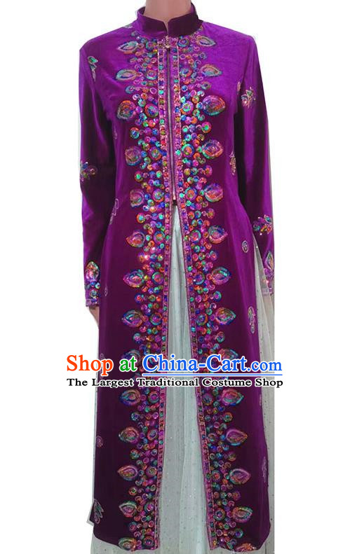 Purple Chinese Xinjiang Dance Costumes Gold Velvet Embroidered Sequins Long Vest