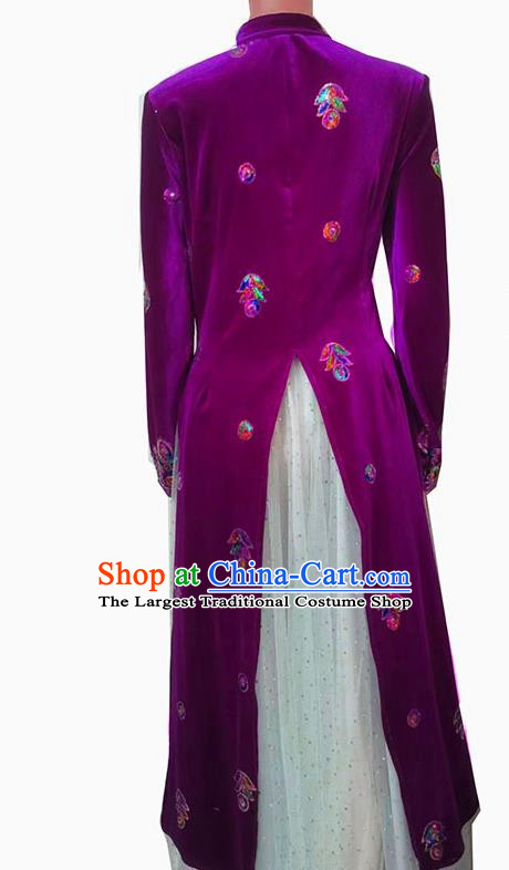 Purple Chinese Xinjiang Dance Costumes Gold Velvet Embroidered Sequins Long Vest