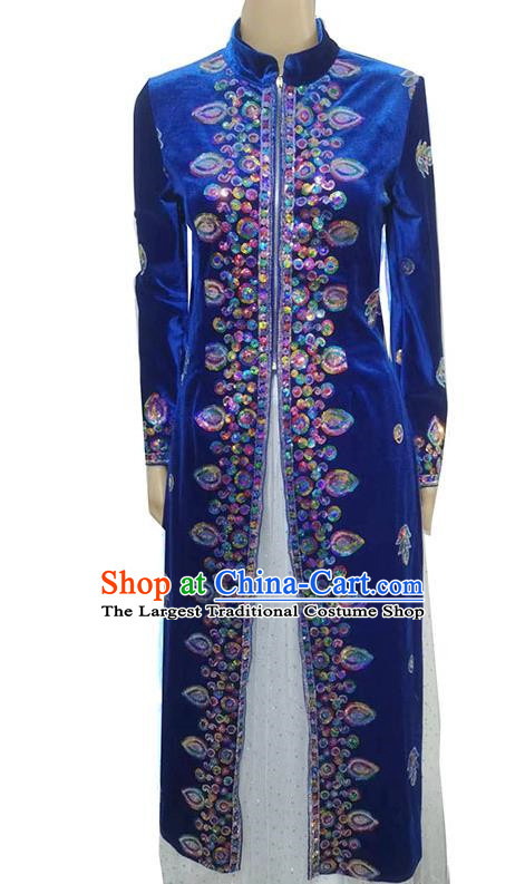 Blue China Xinjiang Dance Costumes Gold Velvet Embroidered Sequins Long Vest