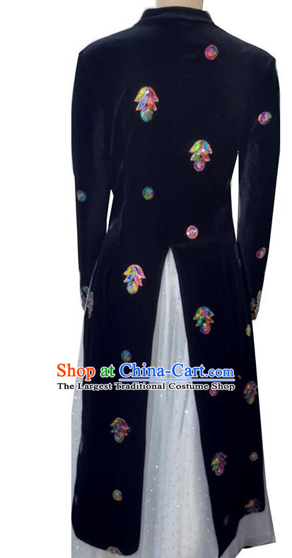 Blue China Xinjiang Dance Costumes Gold Velvet Embroidered Sequins Long Vest