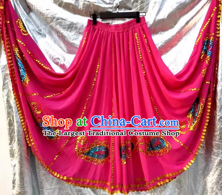 Rose red Chinese Xinjiang dance Uyghur Maixi Laipu stage square dance ethnic characteristics pure handmade sequined skirt with large swing