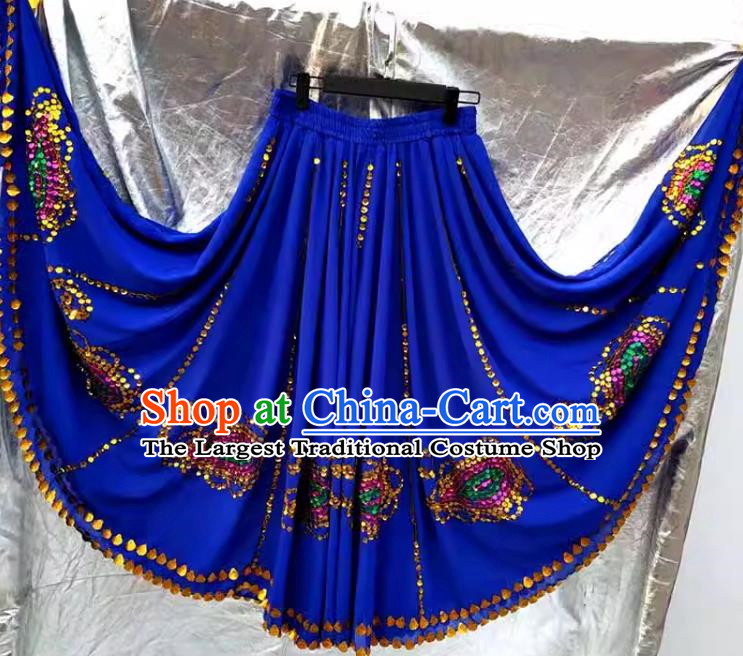 Sapphire blue Chinese Xinjiang dance Uyghur Maixi Laipu stage square dance ethnic characteristics pure handmade sequined skirt with large swing