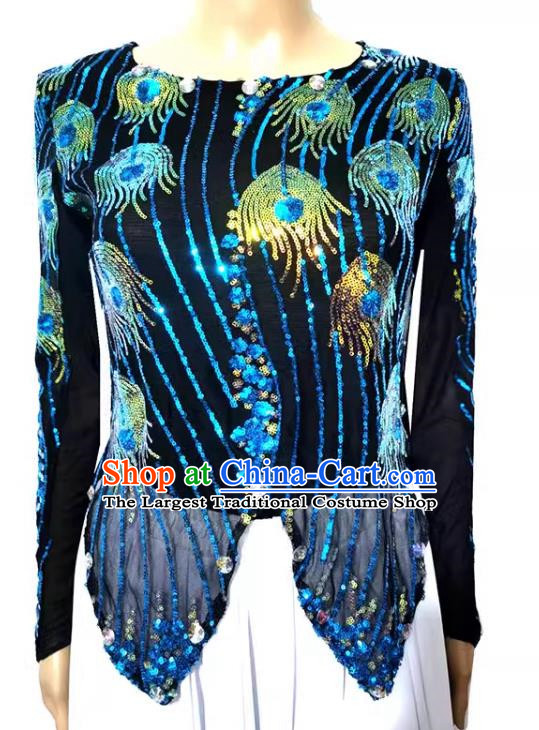 Blue Chinese Xinjiang dance costume mini pointed vest double-layered t-shirt sequined phoenix tail high elastic shiny four seasons