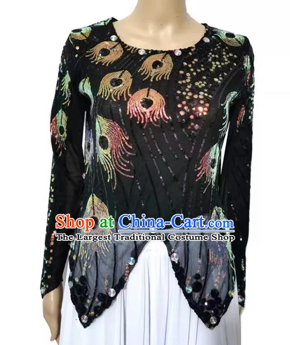 Black Chinese Xinjiang Dance Dress Mini Sharp Horn Vest Double Layer T-shirt with Sequin Phoenix Tail High Elastic Shining Four Seasons