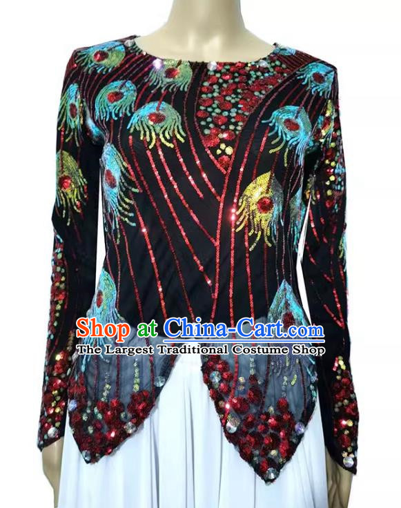 Black Chinese Xinjiang dance costume mini pointed vest double-layered t-shirt sequined phoenix tail high elastic shiny four seasons