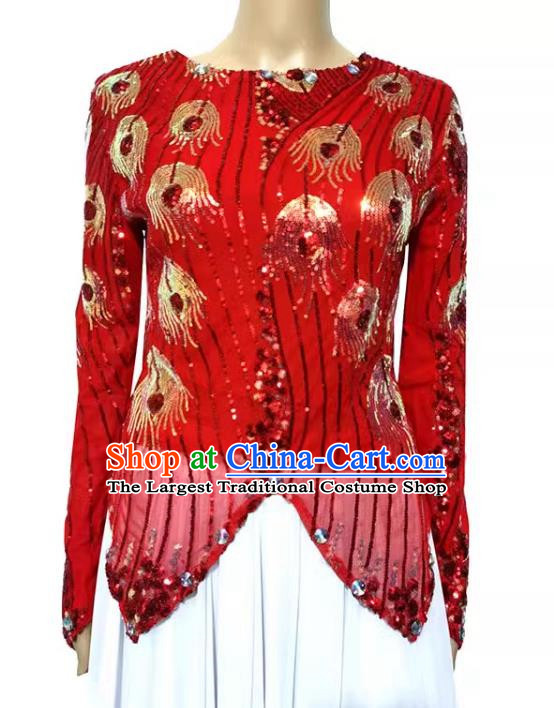 Red Chinese Xinjiang dance costume mini pointed vest double-layered t-shirt sequined phoenix tail high elastic shiny four seasons