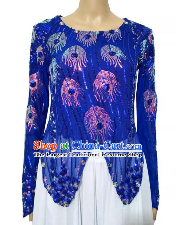 Sapphire blue China Xinjiang dance costume mini pointed vest double-layered t-shirt sequined phoenix tail high elastic shiny four seasons