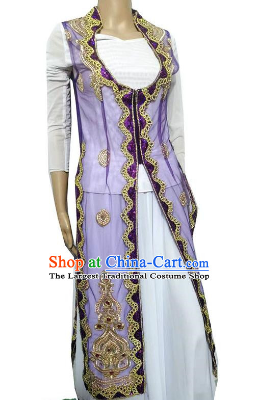 Purple China Xinjiang Dance Costume Transparent Embroidered Tail Long Vest