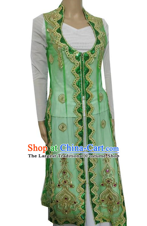 Green China Xinjiang Dance Costume Transparent Embroidered Tail Long Vest