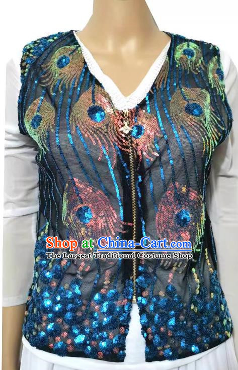 Blue China Xinjiang dance sequined sari stage performance ethnic style vest short style