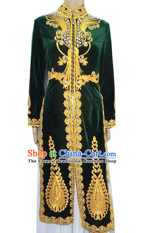 Green China Xinjiang dance stage performance long vest with ruffles