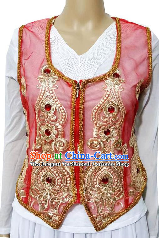 Red China Xinjiang Dance Sari See-through Heavy Industry Inlaid Gemstone New Short Vest