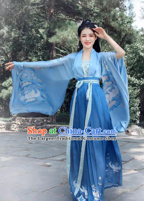 Ancient China Young Woman Clothing Traditional Hanfu Blue Wide Sleeve Ruqun Song Dynasty Lady Costumes