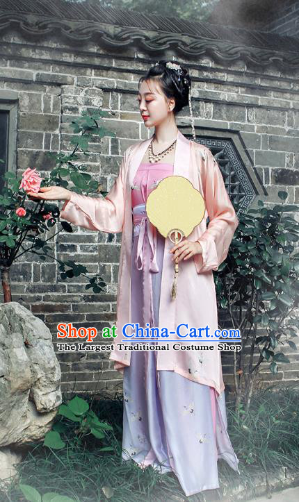 China Song Dynasty Woman Costumes Ancient Young Mistress Clothing Traditional Hanfu Summer Pink Beizi and Skirt Complete Set