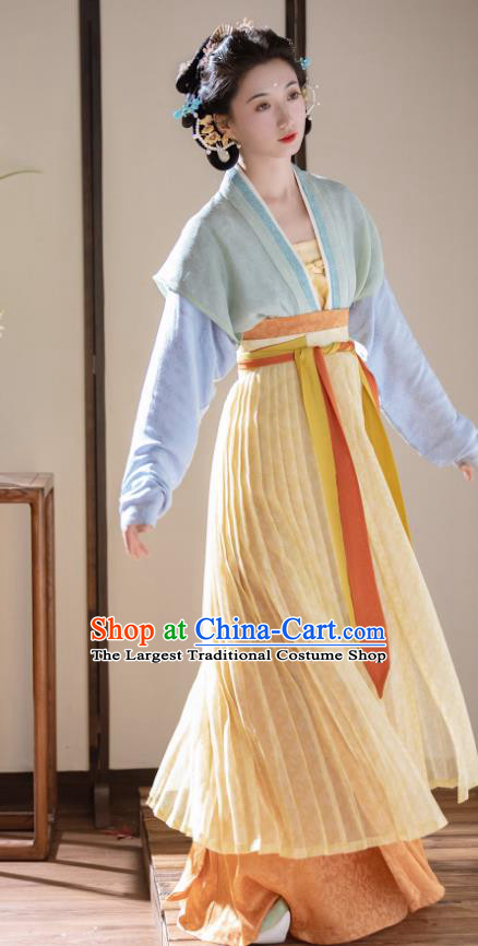 China Ancient Noble Lady Clothing Southern Song Dynasty Young Woman Costumes Traditional Hanfu Green Beizi Blue Long Shirt and Orange Skirt