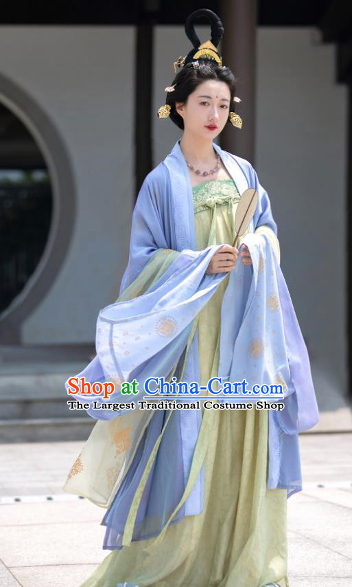 China Traditional Hanfu Blue Cape and Green Hezi Dress Ancient Court Woman Clothing Late Tang Dynasty Royal Empress Costumes
