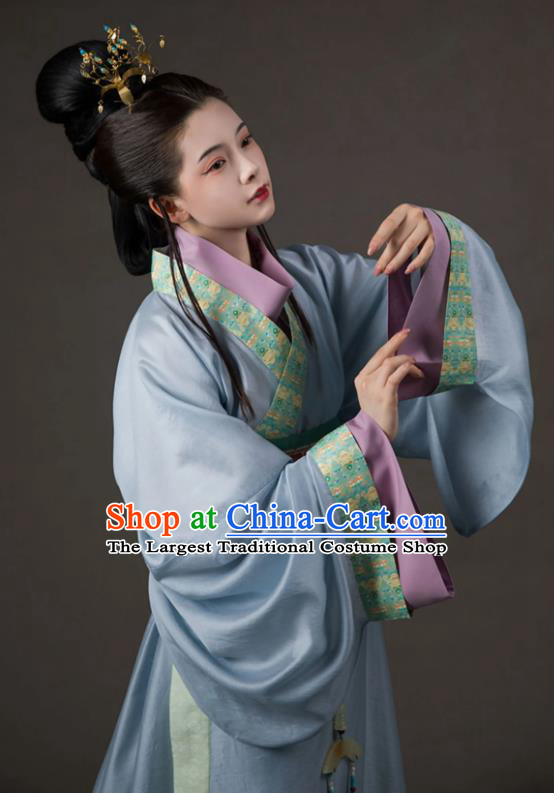 China Traditional Hanfu Blue Dress Eastern Han Dynasty Young Woman Xiao Qiao Clothing Ancient Imperial Consort Replica Costumes