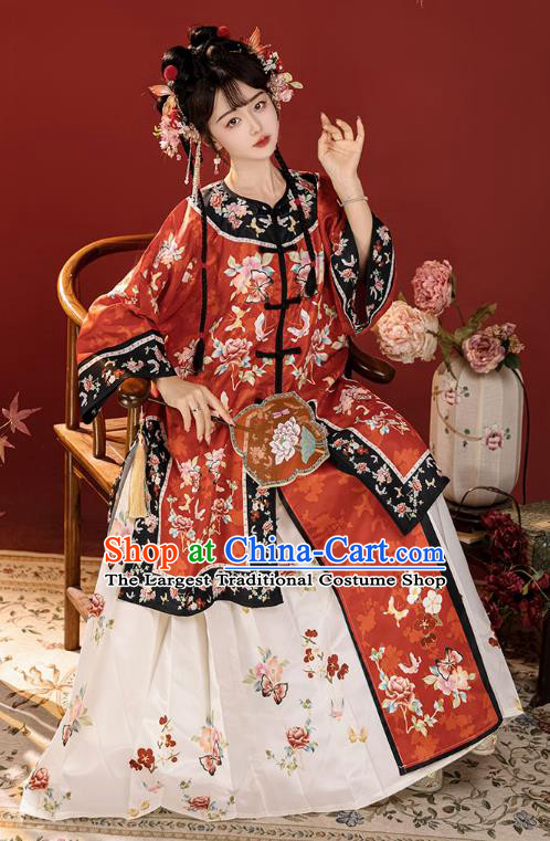 Chinese Ancient Noble Lady Costumes Qing Dynasty Princess Clothing Traditional Embroidered Red Blouse and White Skirt Complete Set
