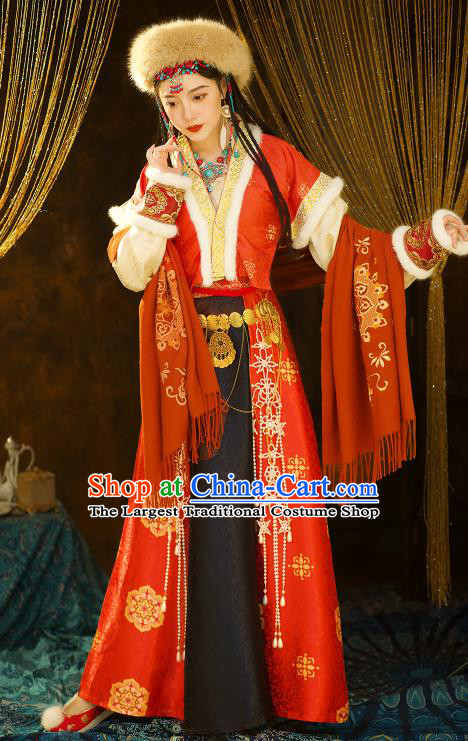 Chinese Traditional Winter Red Dresses Tang Dynasty Young Lady Garment Costumes Ancient Ethnic Princess Clothing