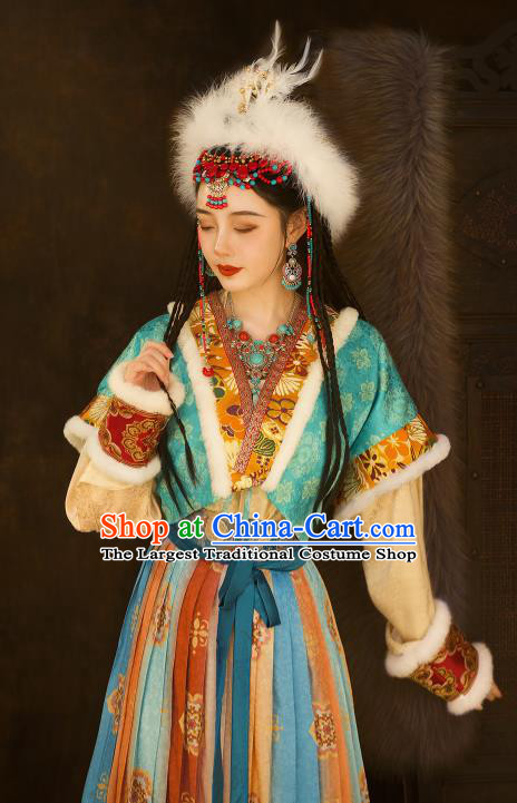 Chinese Ancient Ethnic Princess Clothing Traditional Blue Dresses Tang Dynasty Young Lady Garment Costumes