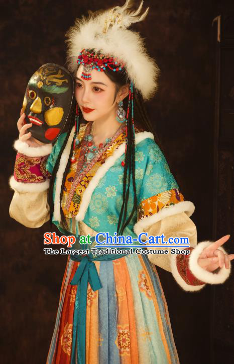 Chinese Ancient Ethnic Princess Clothing Traditional Blue Dresses Tang Dynasty Young Lady Garment Costumes