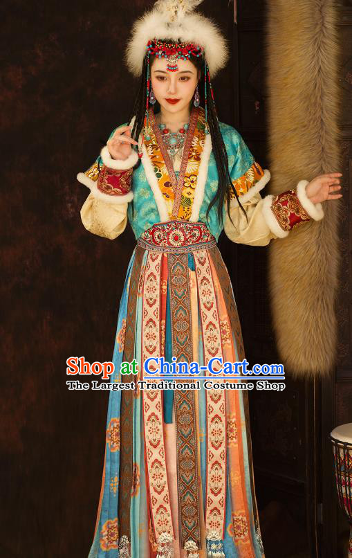 Chinese Ancient Ethnic Princess Clothing Traditional Blue Dresses Tang Dynasty Young Lady Garment Costumes
