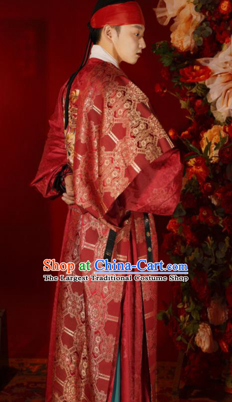 Chinese Tang Dynasty Groom Garments Ancient Young Prince Red Robe Clothing Traditional Wedding Costumes