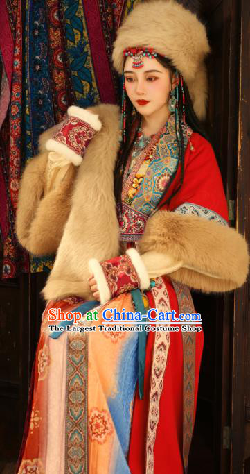 Chinese Ancient Princess  Red Dress Western Regions Ethnic Young Lady Clothing Tang Dynasty Garment Costumes Complete Set