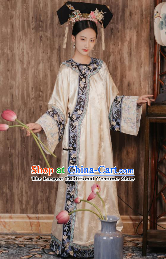 Chinese Qing Dynasty Princess Garment Costumes Ancient Empress Beige Dress Manchu Woman Clothing